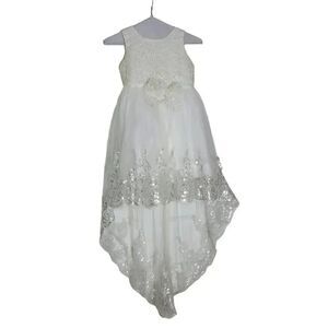 Flower Girl White Hi Lo Silver Sequined Flower Waist Long Train Wedding Dress